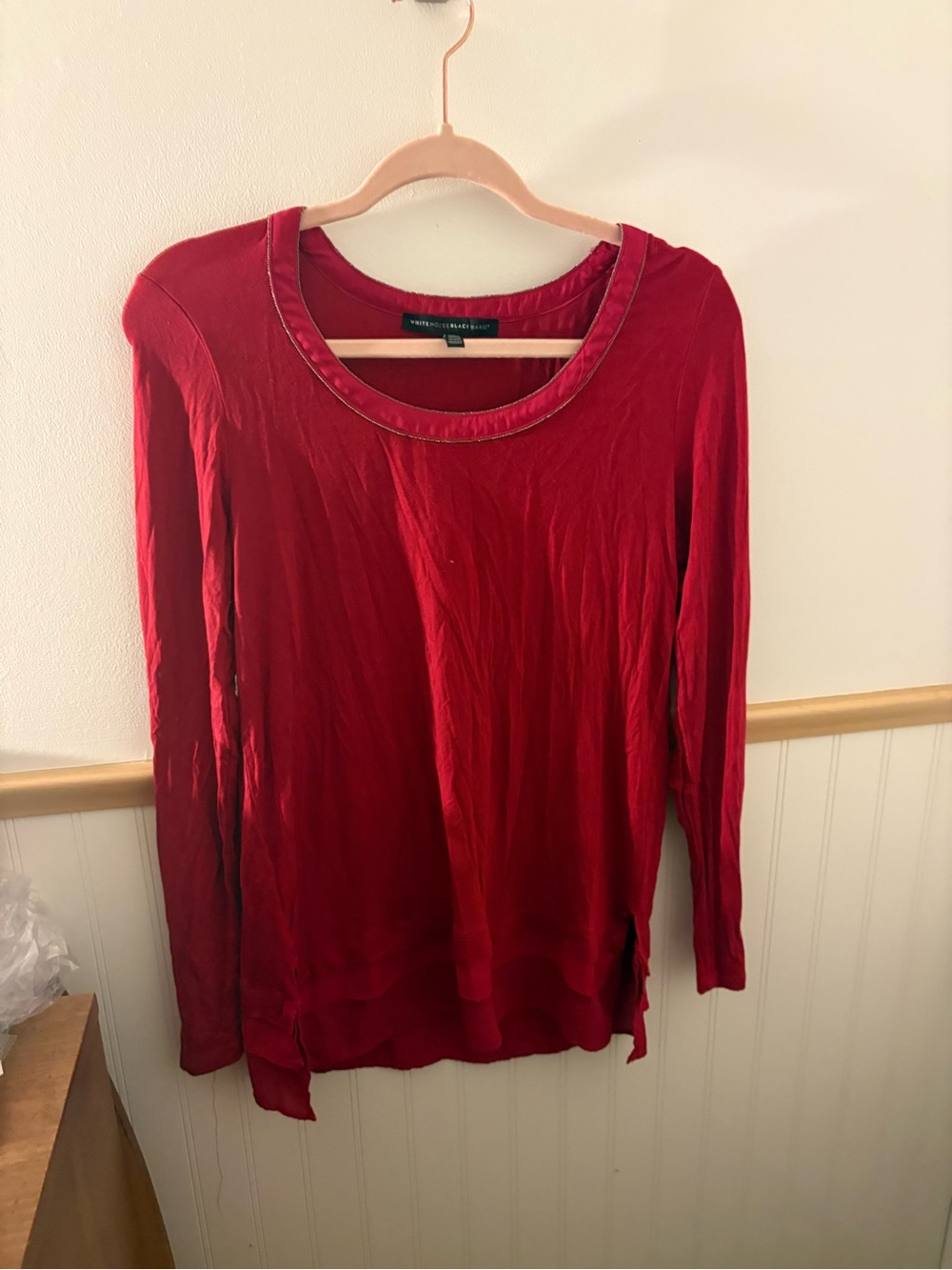 White House Black Market Womens S Red Embellished Long Sleeve Layered Hem Top